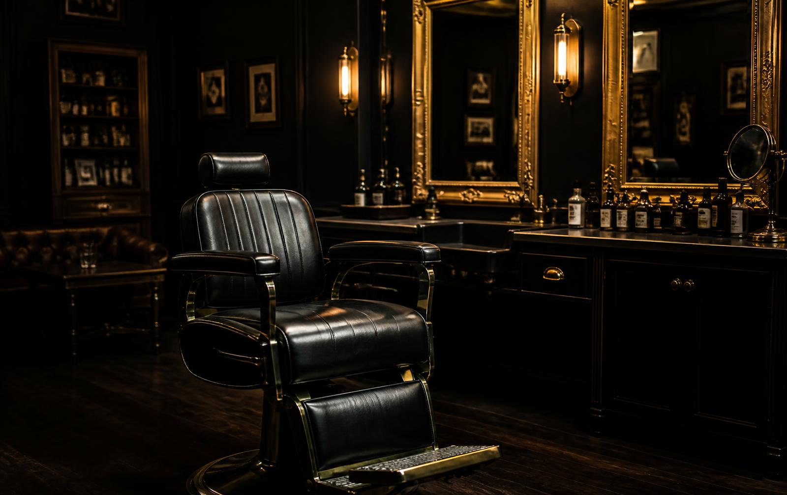 Interior da Kairós Barbearia com cadeira de couro e detalhes dourados